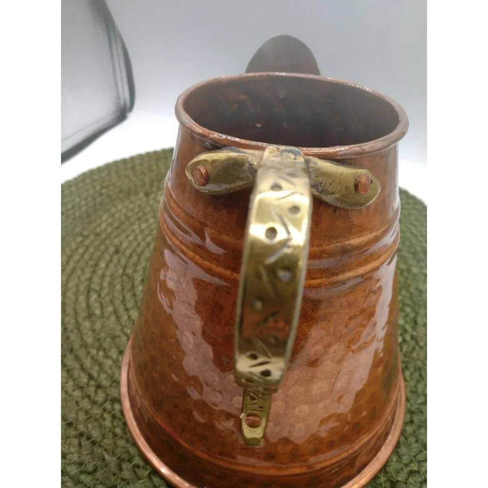 Vintage Hammered Copper Water Pitcher With Brass Handle & Spout